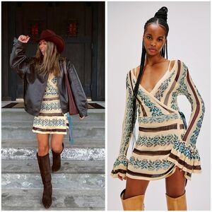 Free People Boho Blue and Cream Long Sleeve Dress